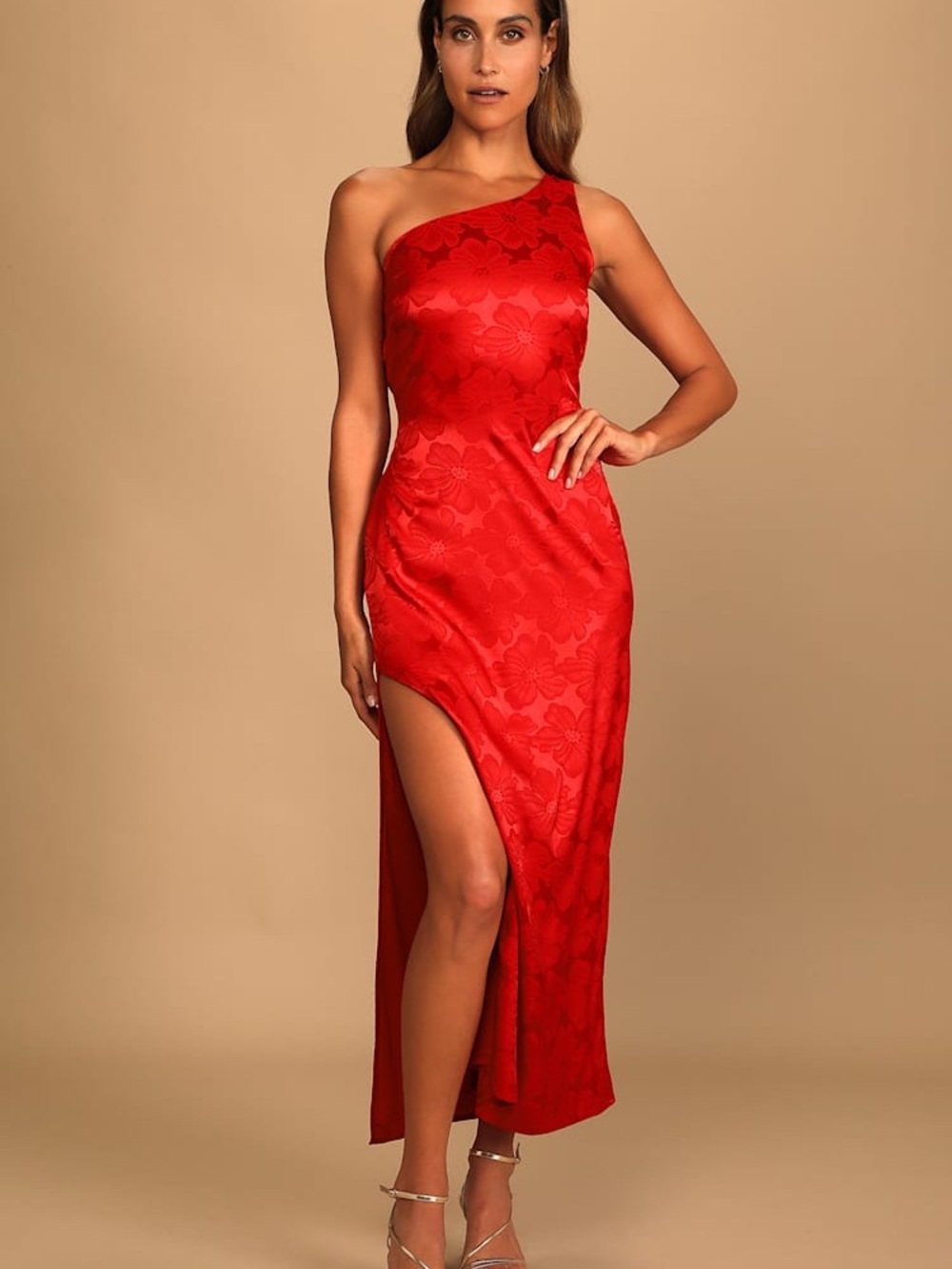 Lulus Chasing Desire Red Satin Jacquard One-Shoulder Maxi Dress